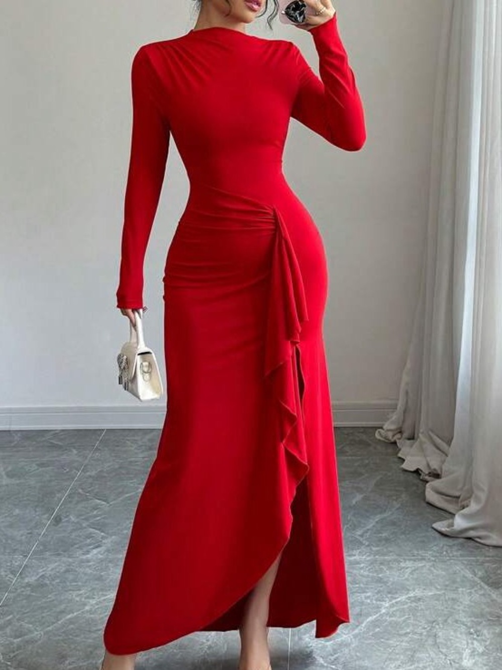 SHEIN size M Elegant Red Long Sleeve Draped Midi Dress used in great condition